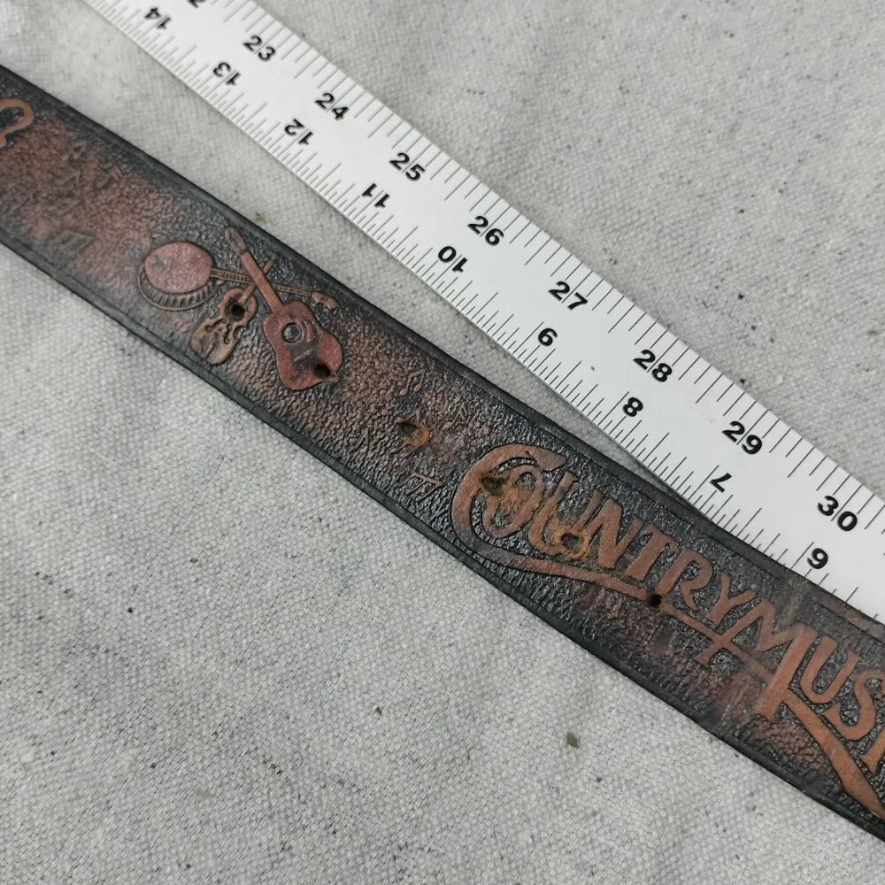 Vintage 80s Tooled Guitar Banjo Fiddle Country Music Brown Leather Belt XS Small